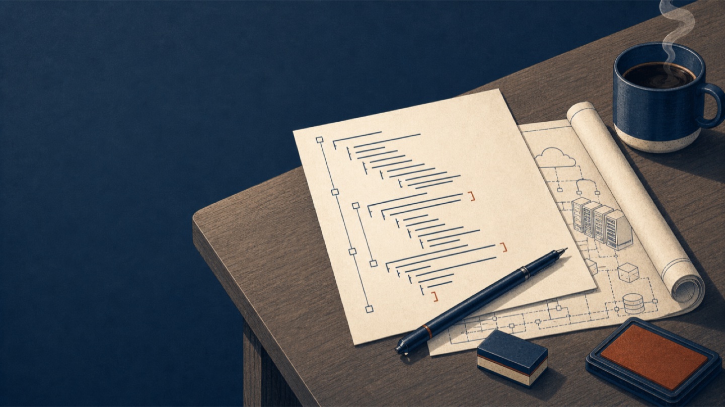 A desk with parchment paper showing a structured checklist, a coffee cup, a pen, a rolled blueprint, and an ink stamp — illustrating the shift from narrative compliance documents to structured machine-readable artifacts.