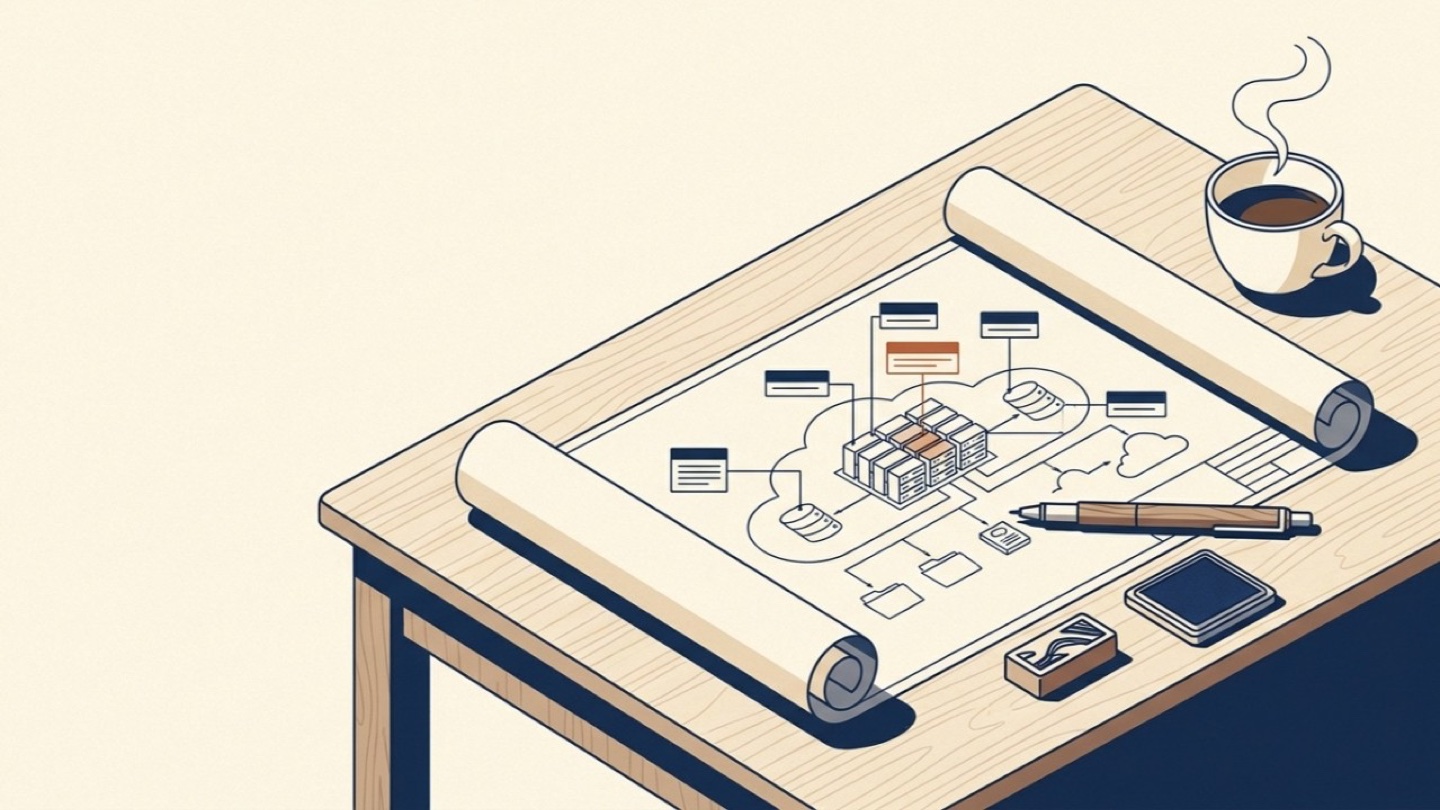 An illustrated isometric desk scene with a blueprint unrolled showing a system architecture diagram of connected components — illustrating mapping a Key Security Indicator to the underlying controls and evidence.